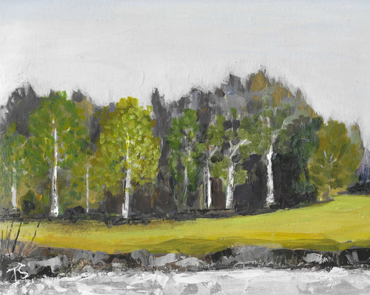 Painting of trees along a riverbank with a gray sky. by Teri Stephens