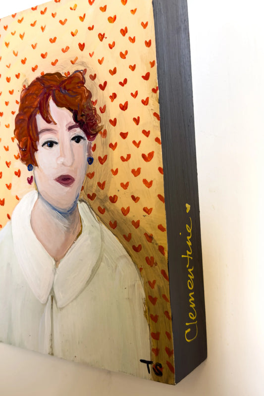 original artwork of a woman with red hair on a textured yellow background with red hearts, title: Clementine by artist Teri Stephens