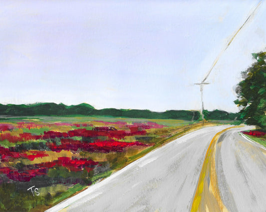 original acrylic landscape painting of a field of crimson clover, by artist Teri Stephens