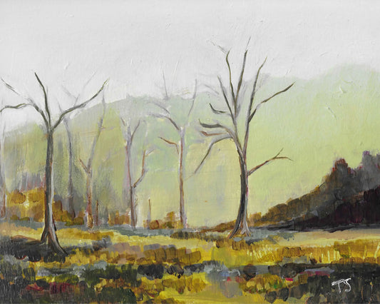 Painting of a landscape with trees and a mountain in the background, by artist Teri Stephens, title "Dormant"
