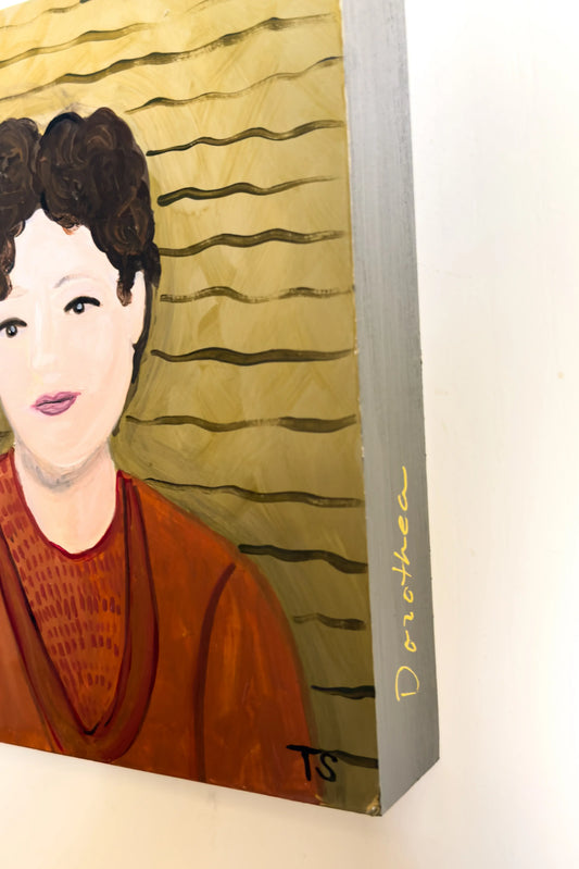 Portrait painting of a woman with a textured yellow background. side view of original artwork titled "Dorothea" by artist Teri Stephens
