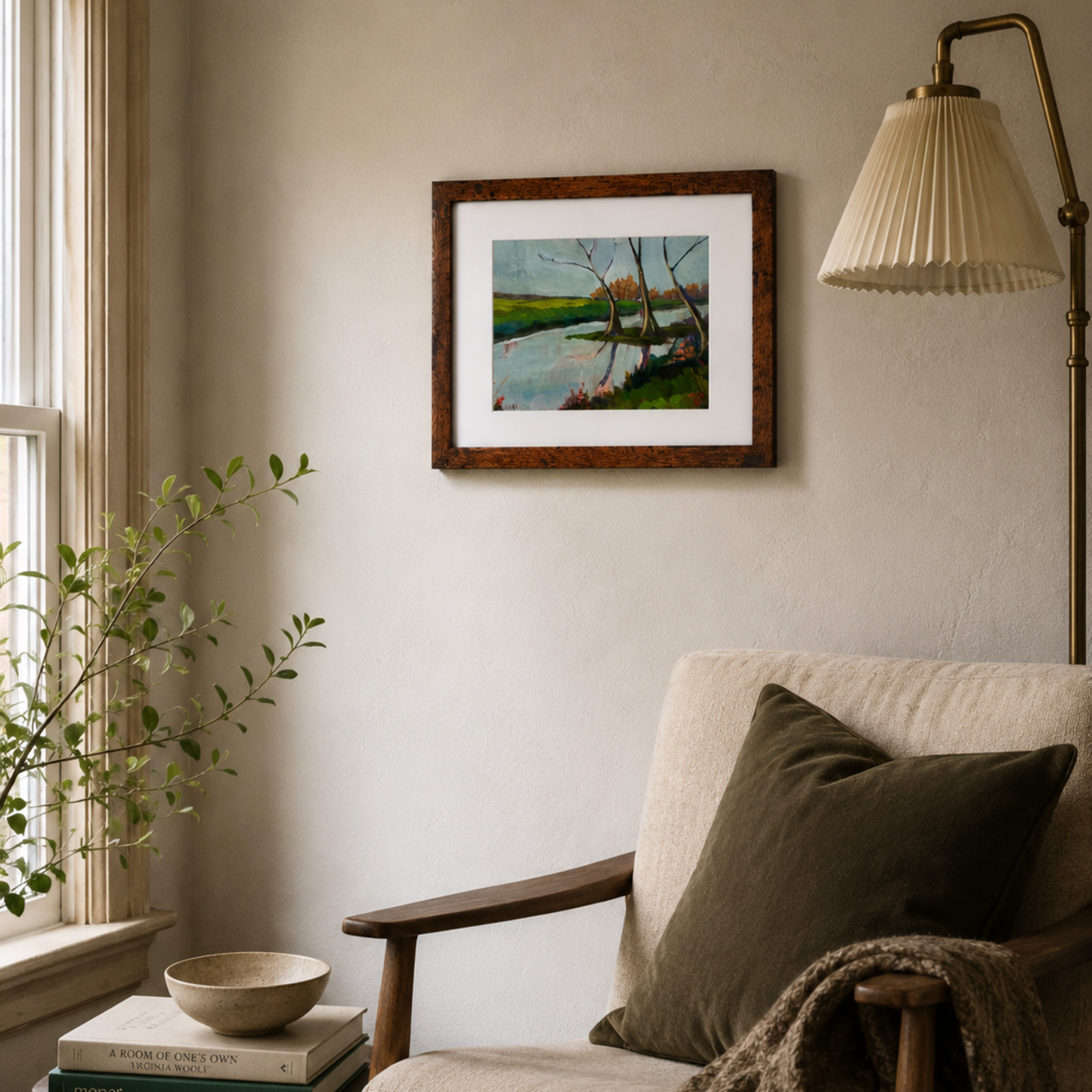 Duck - original landscape artwork by Tennessee Artist Teri Stephens, shown styled in a cozy interior