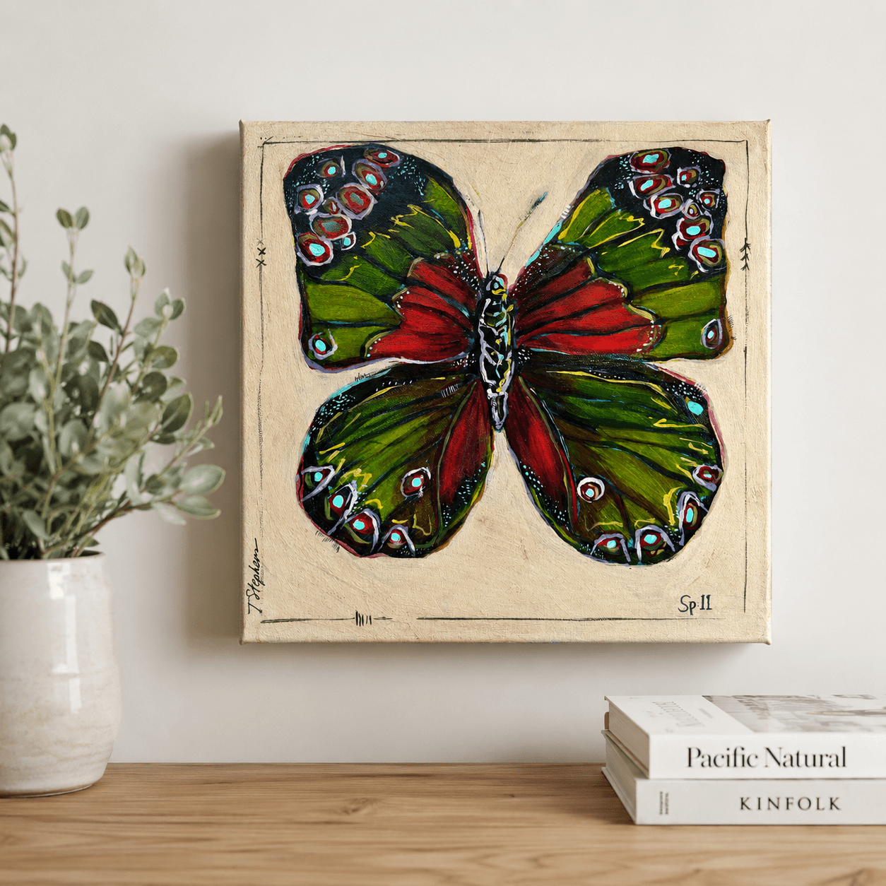 Emperor is an original butterfly painting by artist Teri Stephens, featuring large wings in shades of green and red