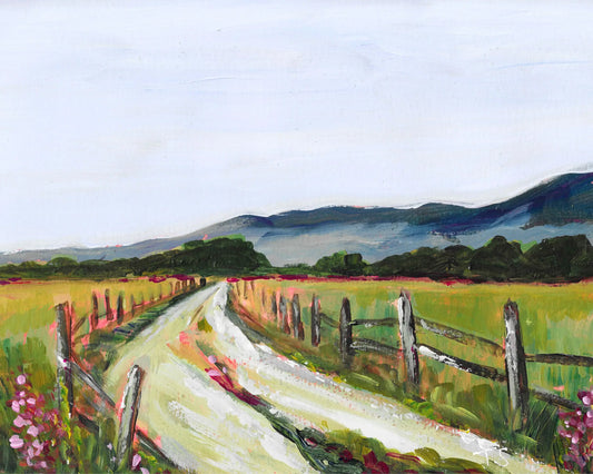 Painting of a rural landscape with a dirt road, wooden fence, and mountains in the background.