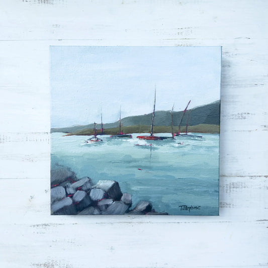 Painting of sailboats in a harbor with rocks on a light blue background, original painting titled "Harbor" by Teri Stephens