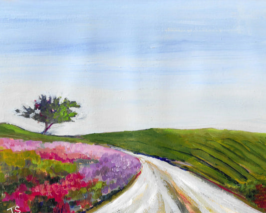 Painting of a winding road through colorful fields with a tree on a hill. Title is "Meadow" by Teri Stephens