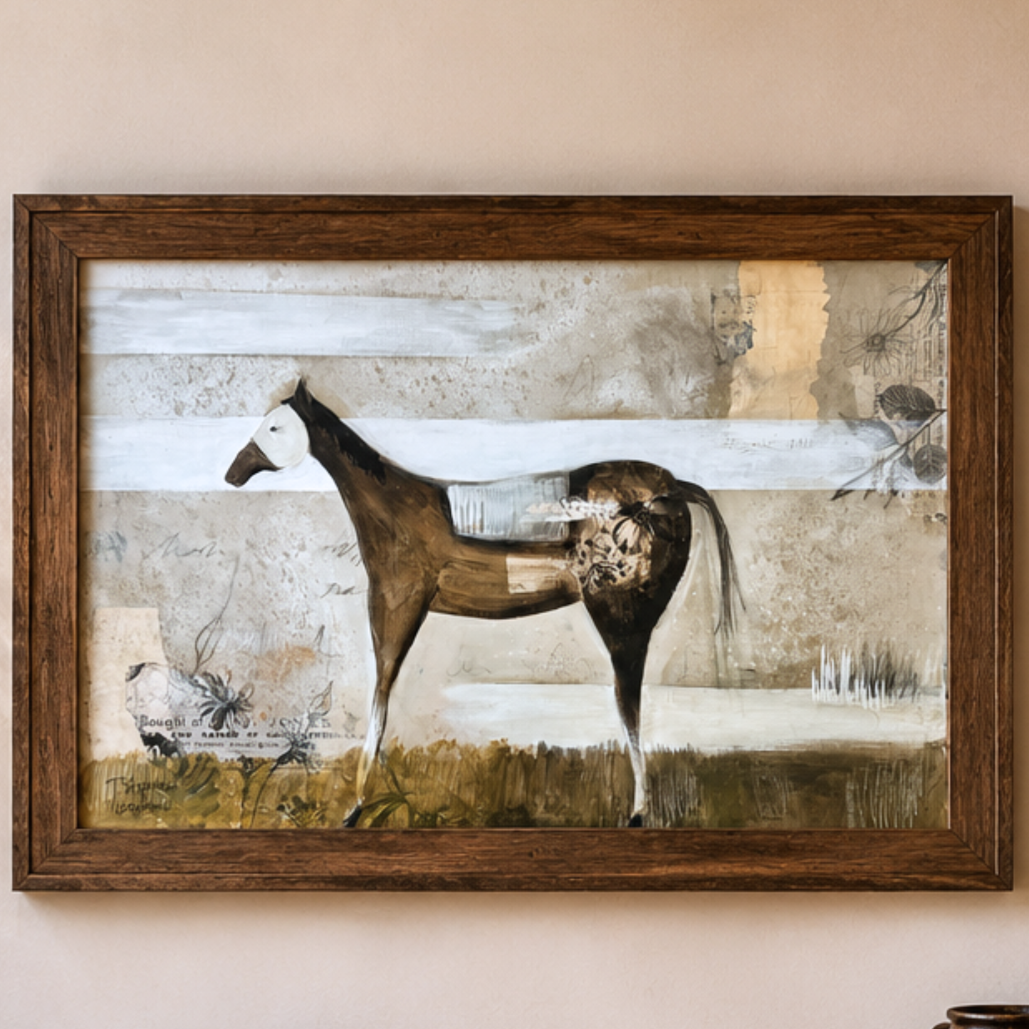 Framed artwork of a horse titled Once, by Tennessee artist Teri Stephens, mixed media, collage, acrylic on canvas