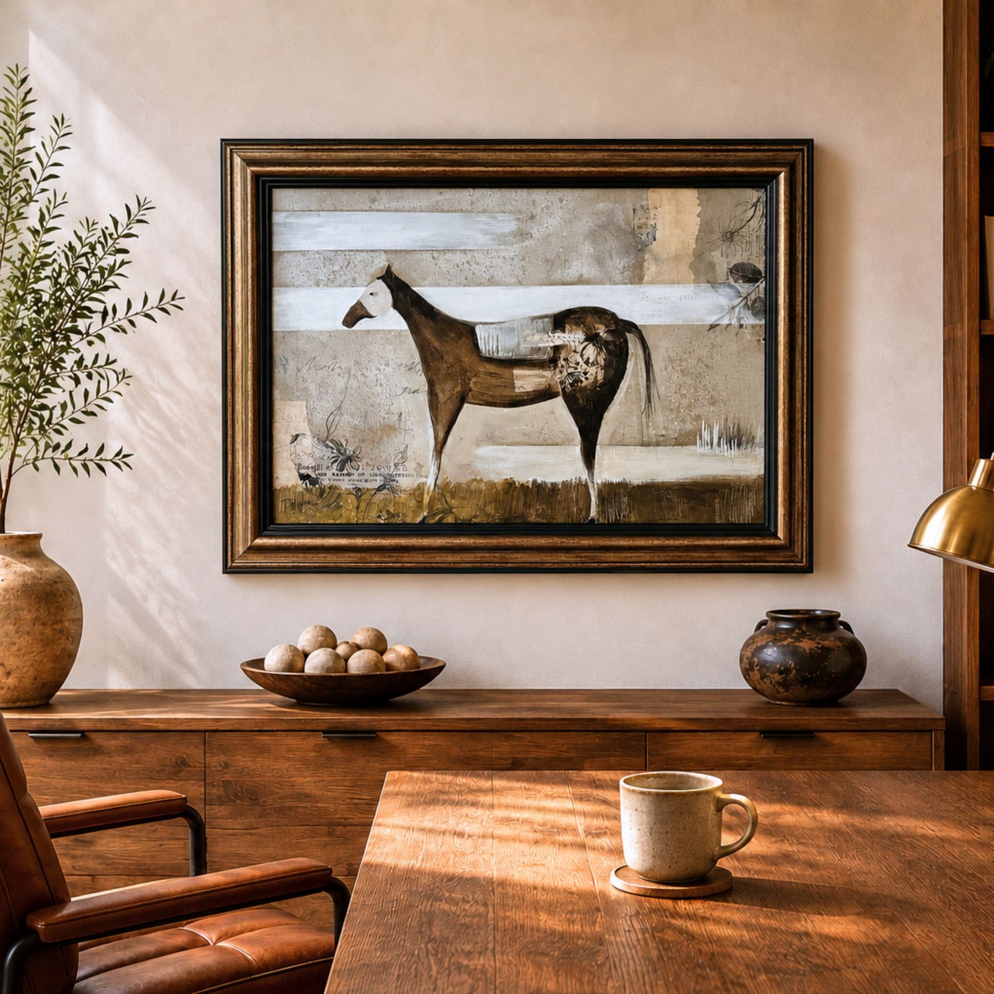 Framed artwork of a horse titled Once, by Tennessee artist Teri Stephens, mixed media, collage, acrylic on canvas. Shown styled in a modern rustic interior setting.