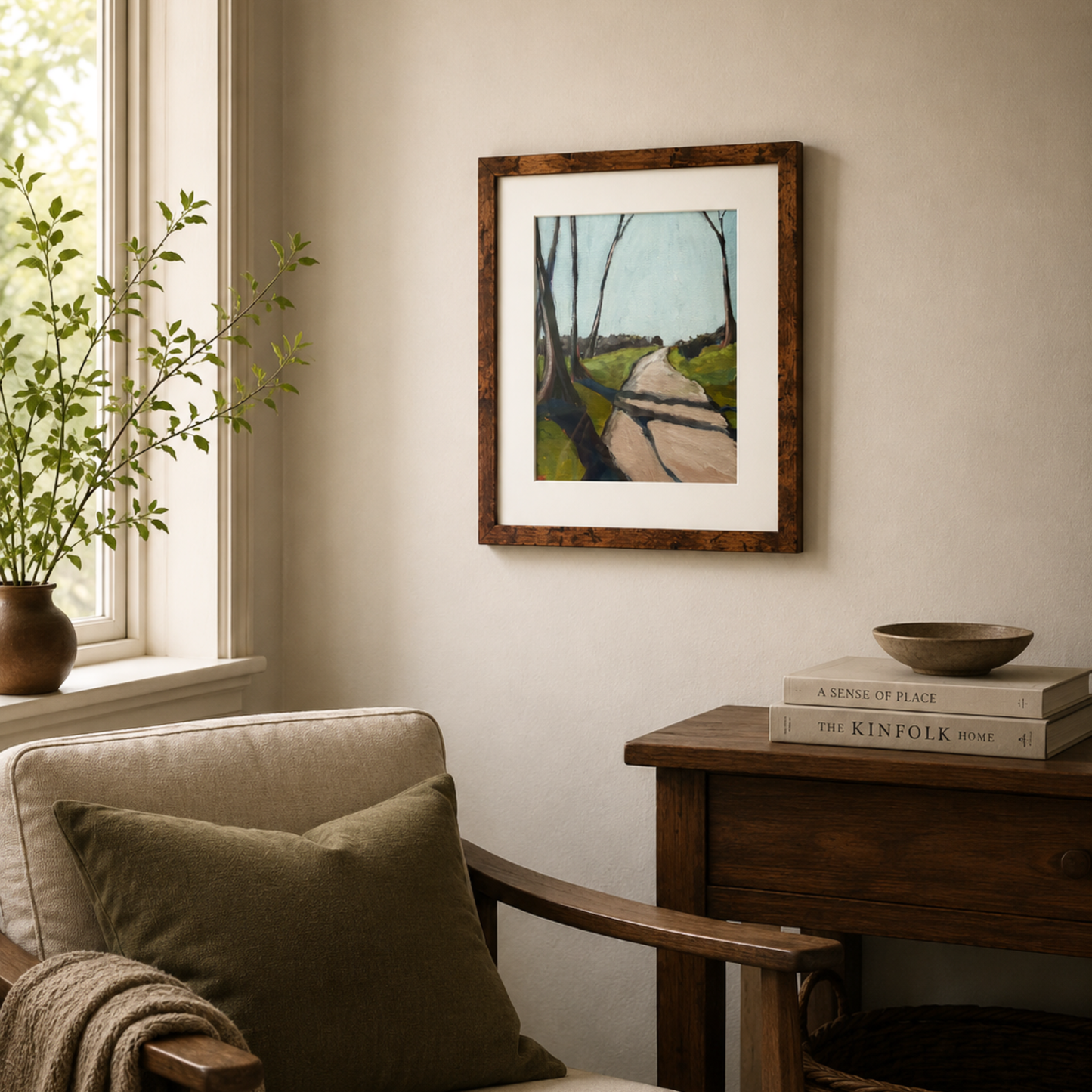 Passing - original landscape artwork by Tennessee Artist Teri Stephens, shown styled in a cozy interior