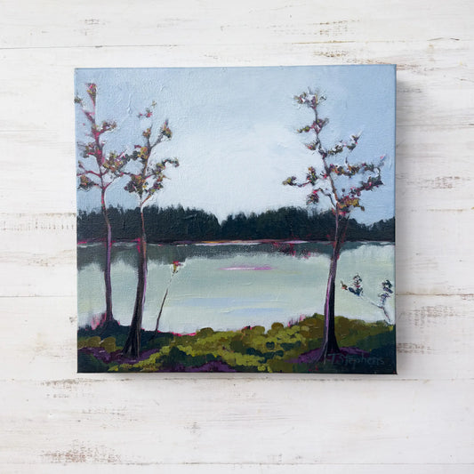 Painting of a landscape with trees and a pond on a textured canvas, original painting titled "Pond" by Teri Stephens