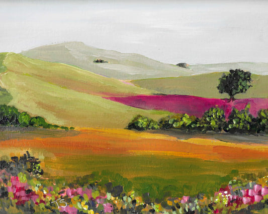 Painting of a landscape with rolling hills, fields, and trees. Titled Range by Teri Stephens