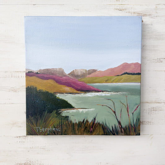 Painting of a landscape with mountains and a lake, original painting titled "Reservoir" by Teri Stephens