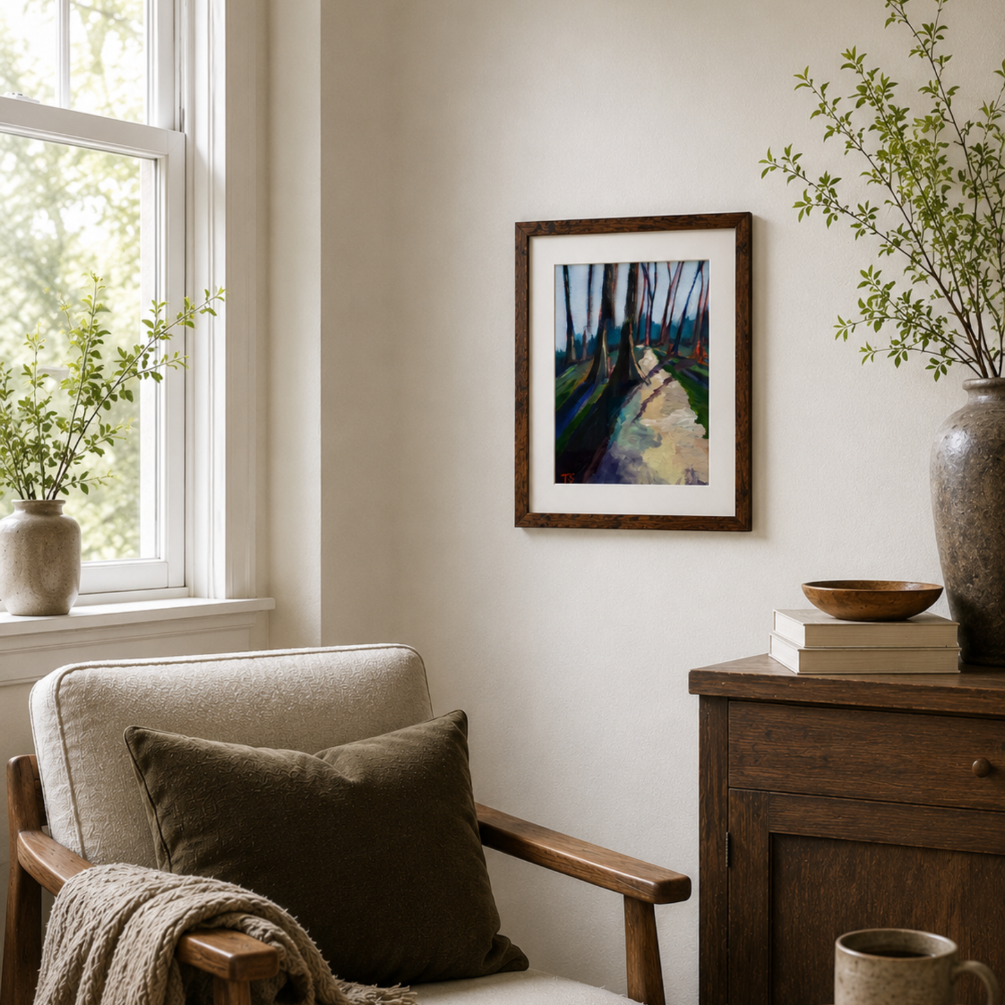 Shadow - original landscape artwork by Tennessee Artist Teri Stephens, shown styled in a cozy interior