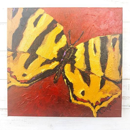 Painting of a butterfly with yellow and black wings on a red background, original artwork titled "Signal" by Teri Stephens