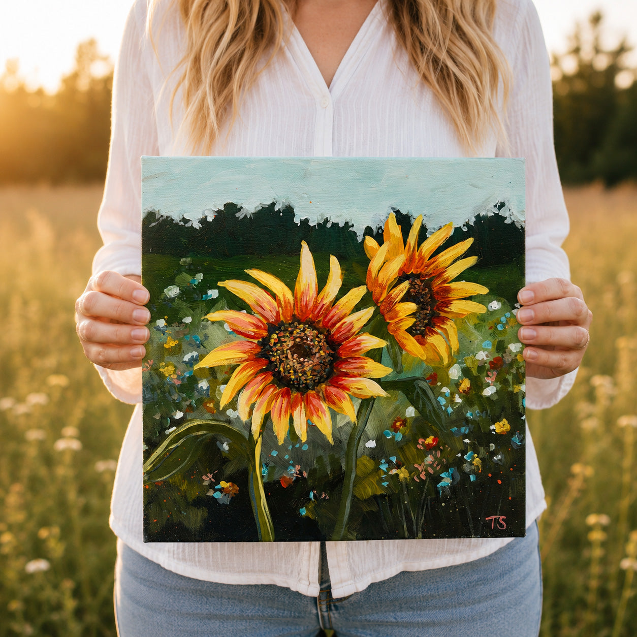 Sunward, an original acrylic painting of golden sunflowers on canvas by Tennessee artist Teri Stephens.