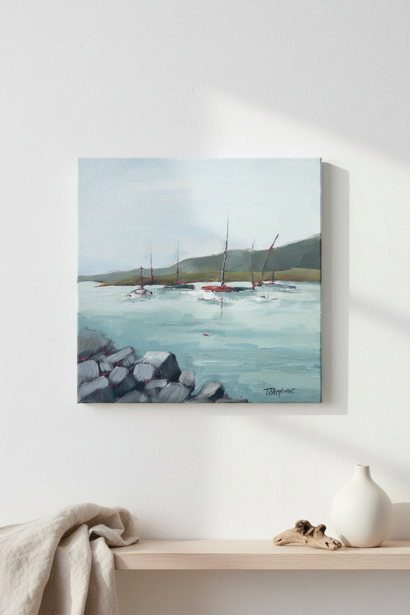 One of a kind original coastal painting 'Harbor' by Teri Stephens – soft blues and sandy neutrals, 12x12 acrylic on canvas