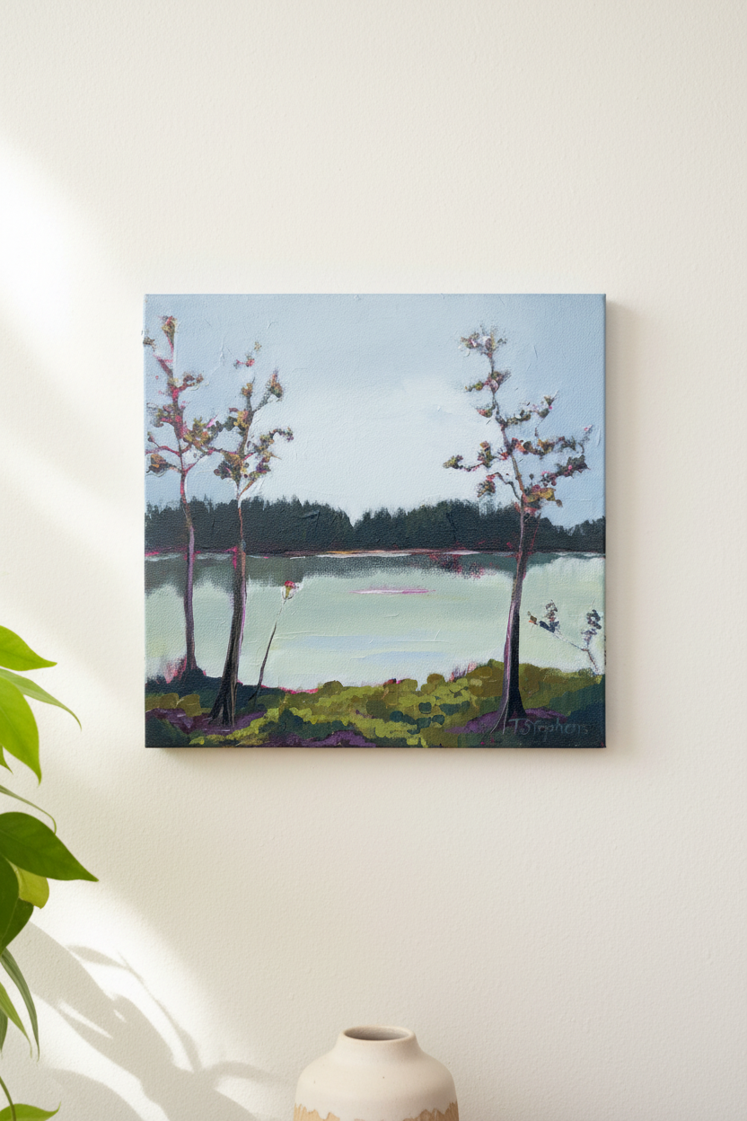 One of a kind original landscape painting 'Pond' by Teri Stephens – quiet Tennessee pond scene, 12x12 acrylic on canvas