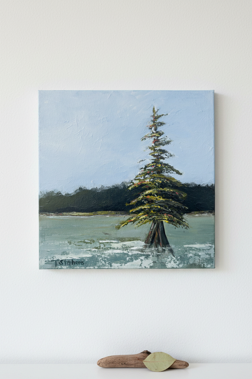 One of a kind original painting 'Stand' by Teri Stephens – cypress trees in the Tennessee River, 12x12 acrylic on canvas