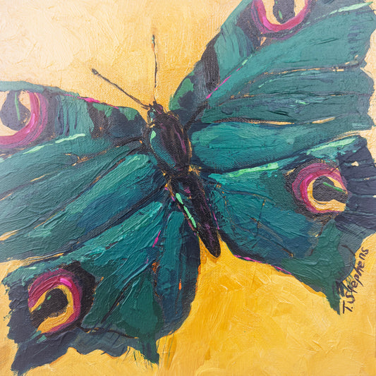 Artistic depiction of a butterfly with teal wings on a yellow background, original painting titled "Jewel" by Teri Stephens