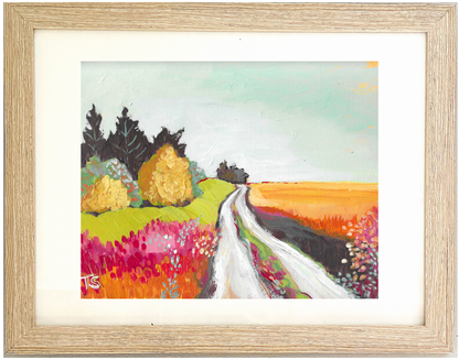 Framed painting of a colorful landscape with a road and trees. Titled Acre by Tennessee artist Teri Stephens