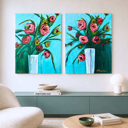 Two original floral paintings titled Almost and Already, 18 x 24 on canvas, by artist Teri Stephens, featuring bold pink blooms with tall green stems on an aqua background.
