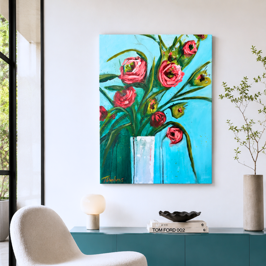 Original floral painting titled Almost, 18 x 24 on canvas, by artist Teri Stephens, featuring bold pink blooms with tall green stems on an aqua background, styled in a modern interior with white walls