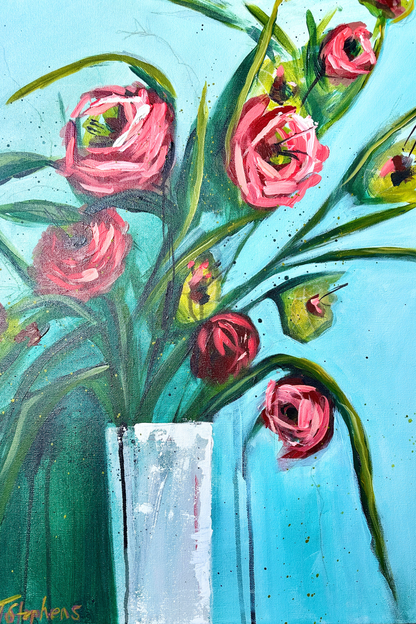 Original floral painting titled Almost, 18 x 24 on canvas, by artist Teri Stephens, featuring bold pink blooms with tall green stems on an aqua background.