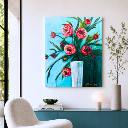 Original floral painting titled Already, 18 x 24 on canvas, by artist Teri Stephens, featuring bold pink blooms with tall green stems on an aqua background.