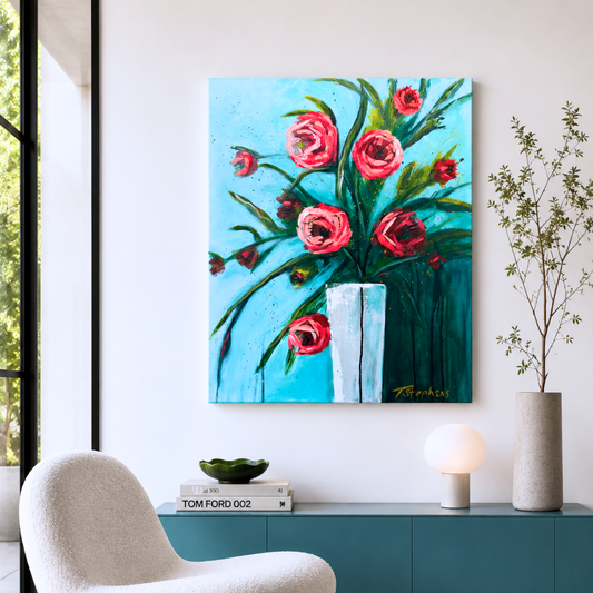Original floral painting titled Already, 18 x 24 on canvas, by artist Teri Stephens, featuring bold pink blooms with tall green stems on an aqua background.