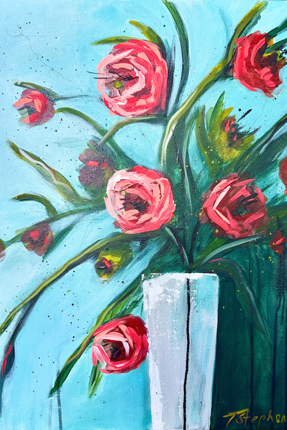 Original floral painting titled Already, 18 x 24 on canvas, by artist Teri Stephens, featuring bold pink blooms with tall green stems on an aqua background.