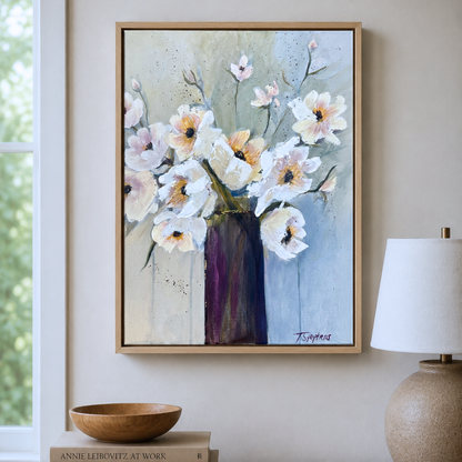 Styled interior featuring original floral painting titled Always by artist Teri Stephens