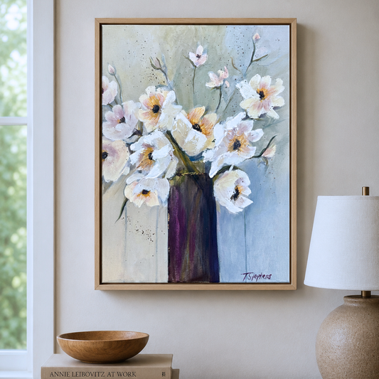 Styled interior featuring original floral painting titled Always by artist Teri Stephens