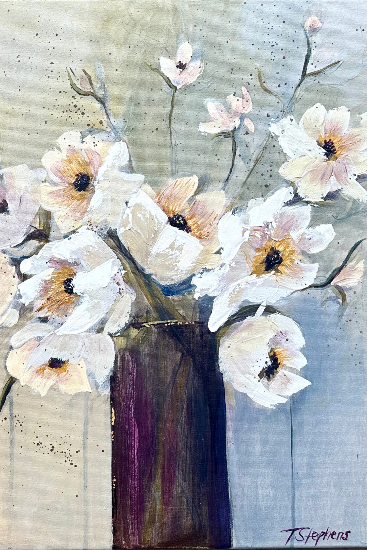 Artistic depiction of white flowers with a striped vase on a an atmospheric background, original floral painting titled Always by artist Teri Stephens