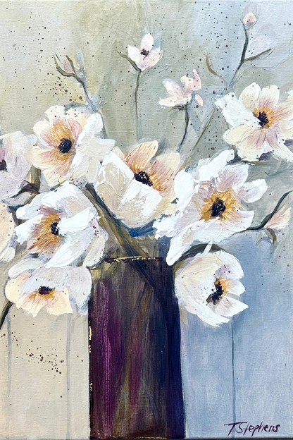 Artistic depiction of white flowers with a striped vase on a an atmospheric background, original floral painting titled Always by artist Teri Stephens