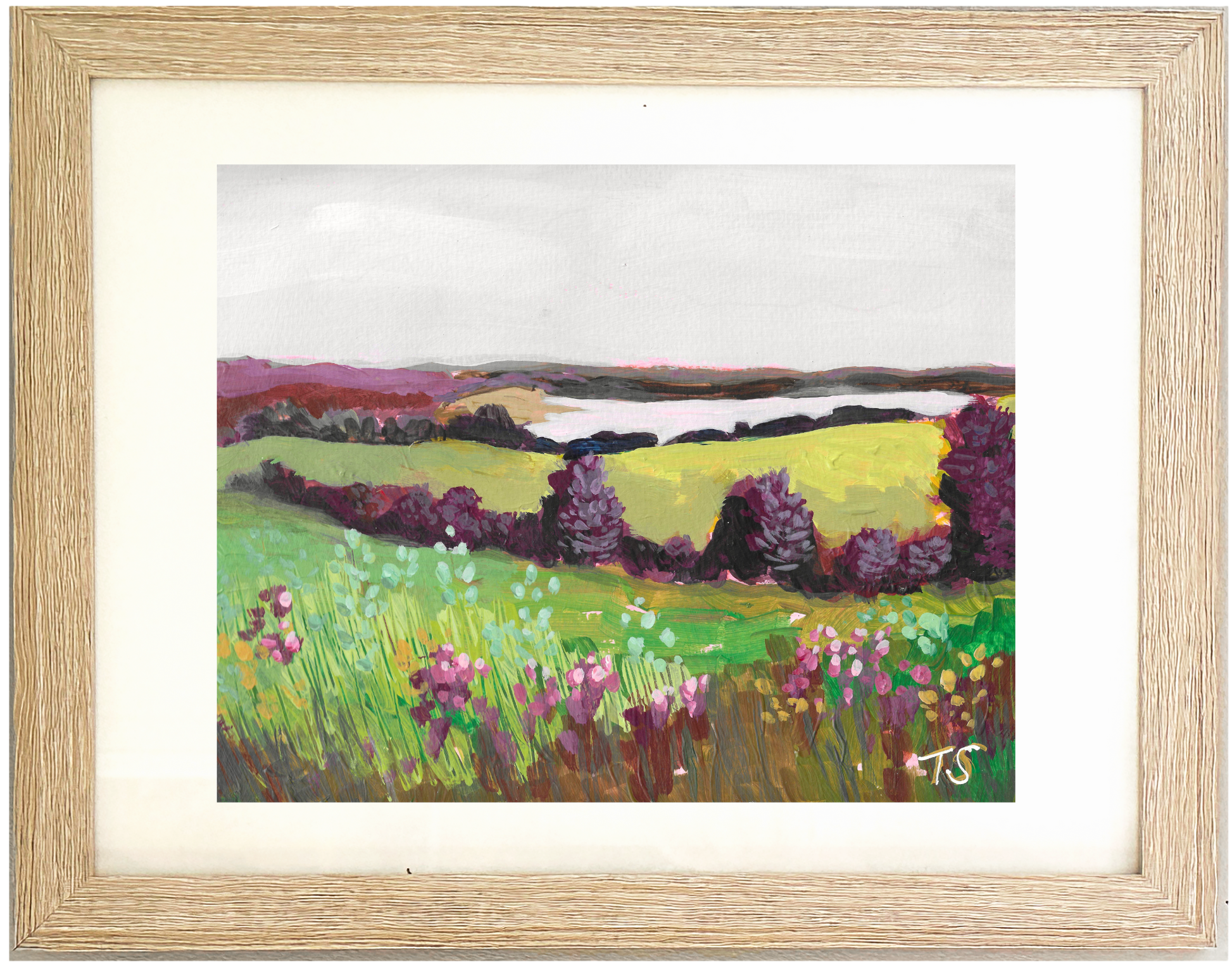 Framed painting of a landscape with fields and trees, Bay by artist Teri Stephens