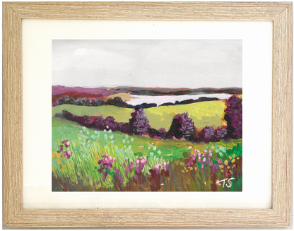 Framed painting of a landscape with fields and trees, Bay by artist Teri Stephens