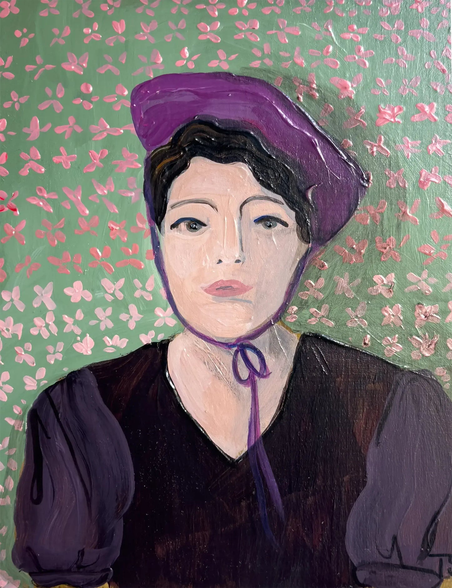 Portrait of a person wearing a purple headscarf on a green background with pink floral patterns. Bernice by artist Teri Stephens