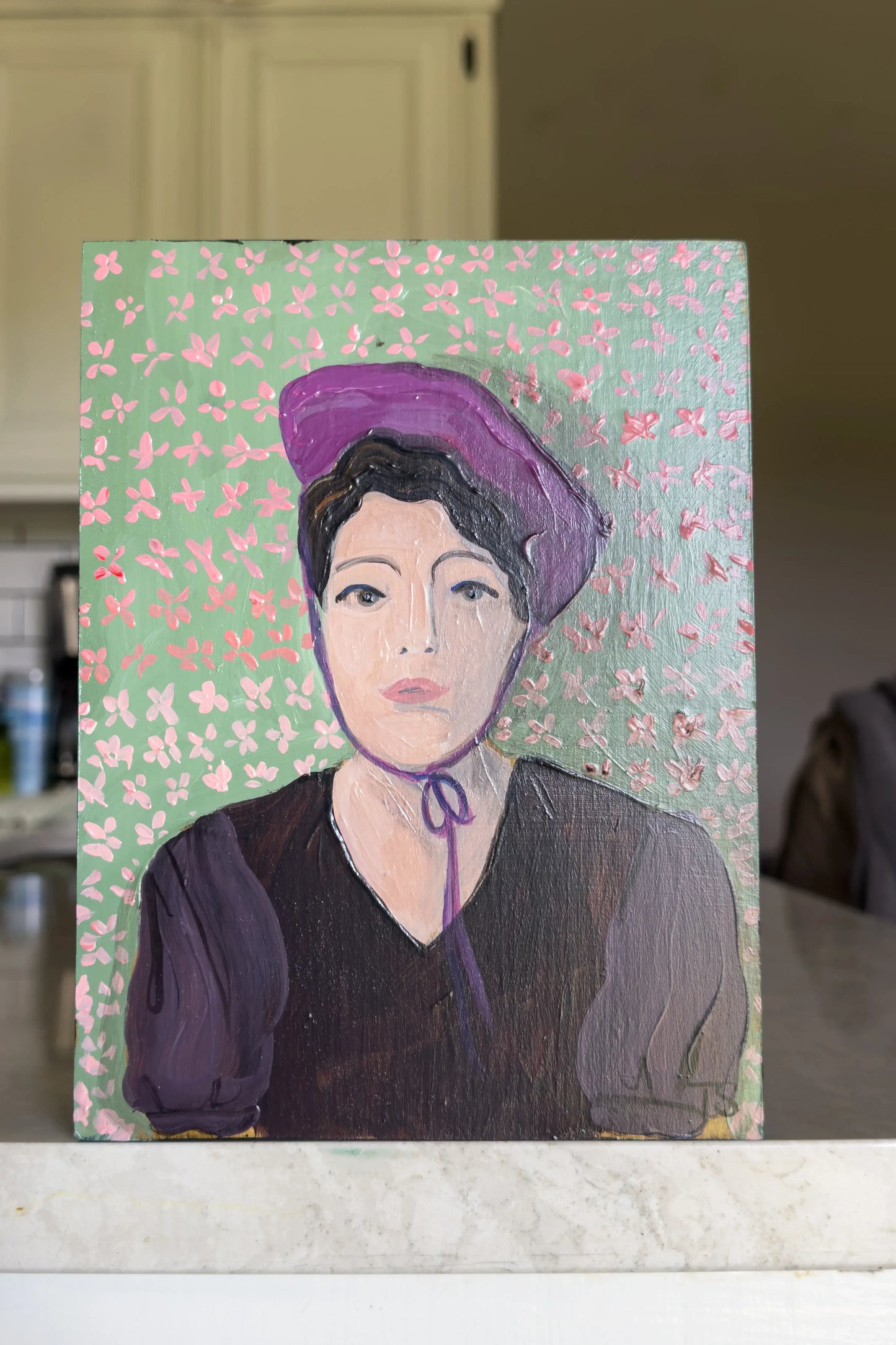 Portrait painting of a woman with a purple bonnet on a floral background