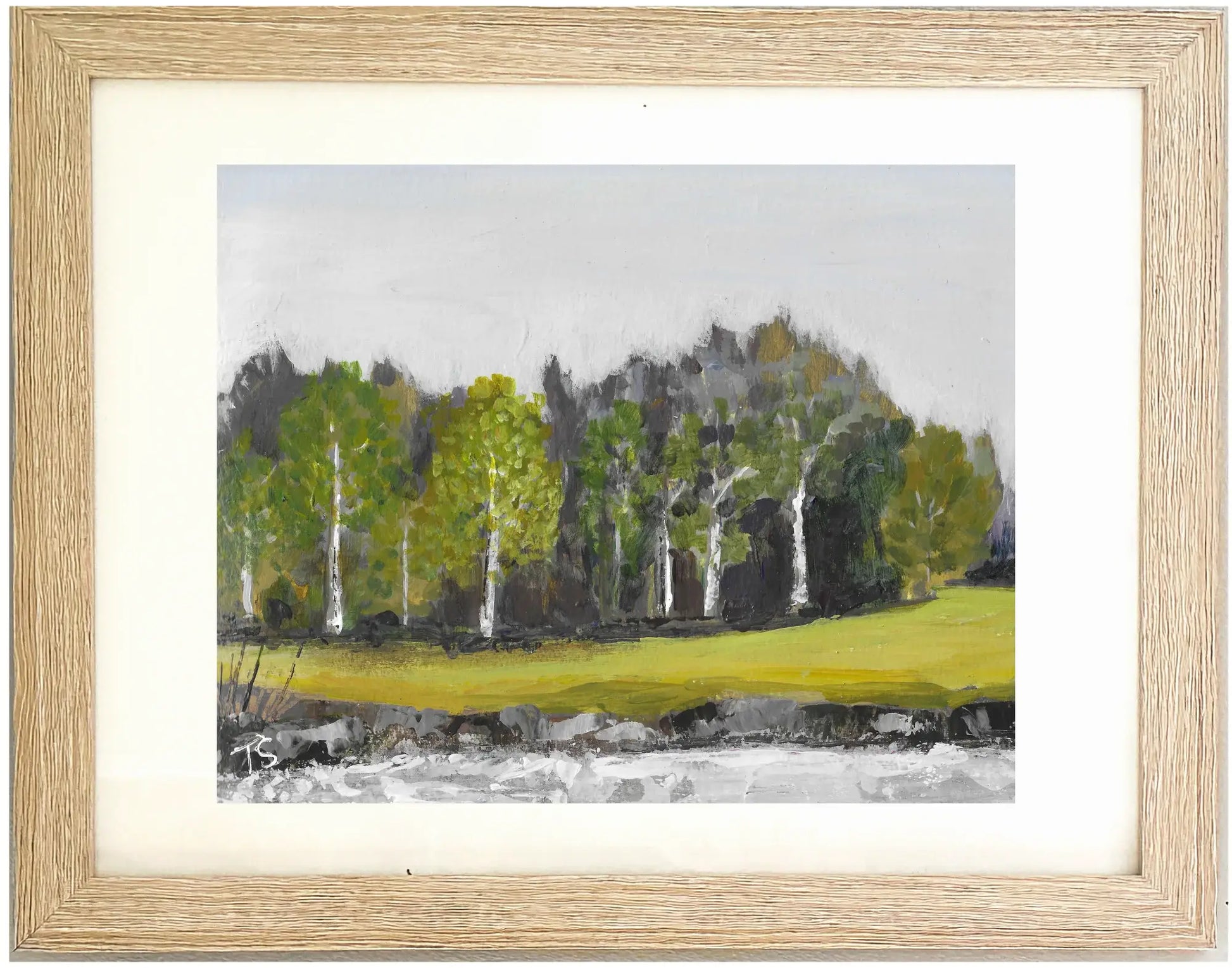 Framed painting of a landscape with trees and water, titled Birch by Teri Stephens
