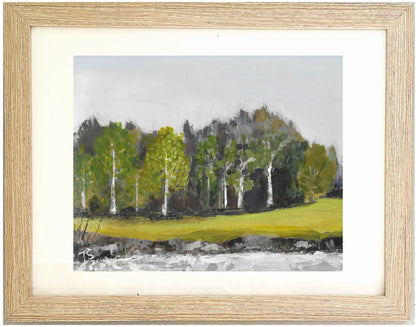 Framed painting of a landscape with trees and water, titled Birch by Teri Stephens