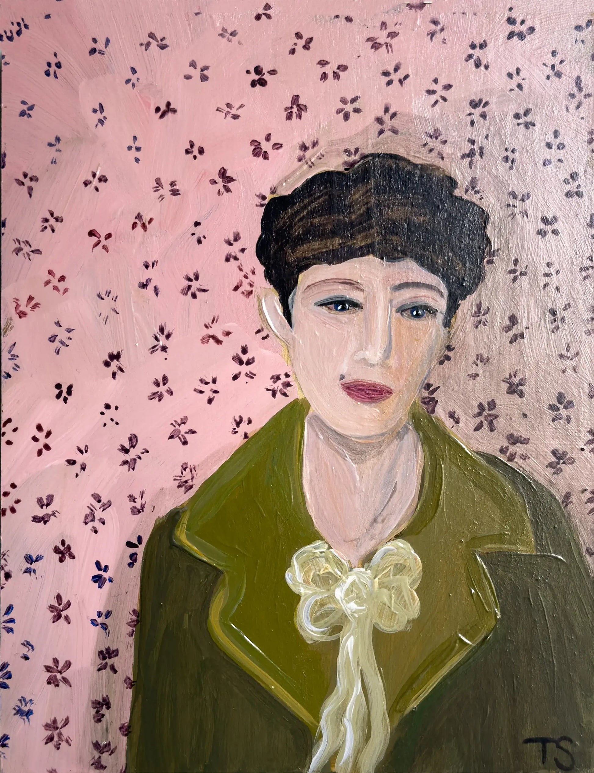 Original portrait painting - Birdie - Teri Stephens, featuring a woman with short dark hair wearing a green coat on a textured red and pink floral background.