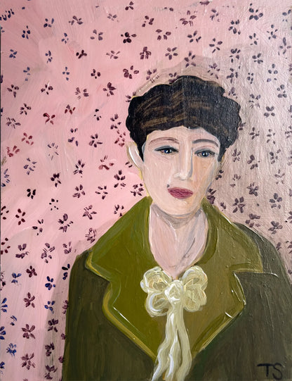 Original portrait painting - Birdie - Teri Stephens, featuring a woman with short dark hair wearing a green coat on a textured red and pink floral background.