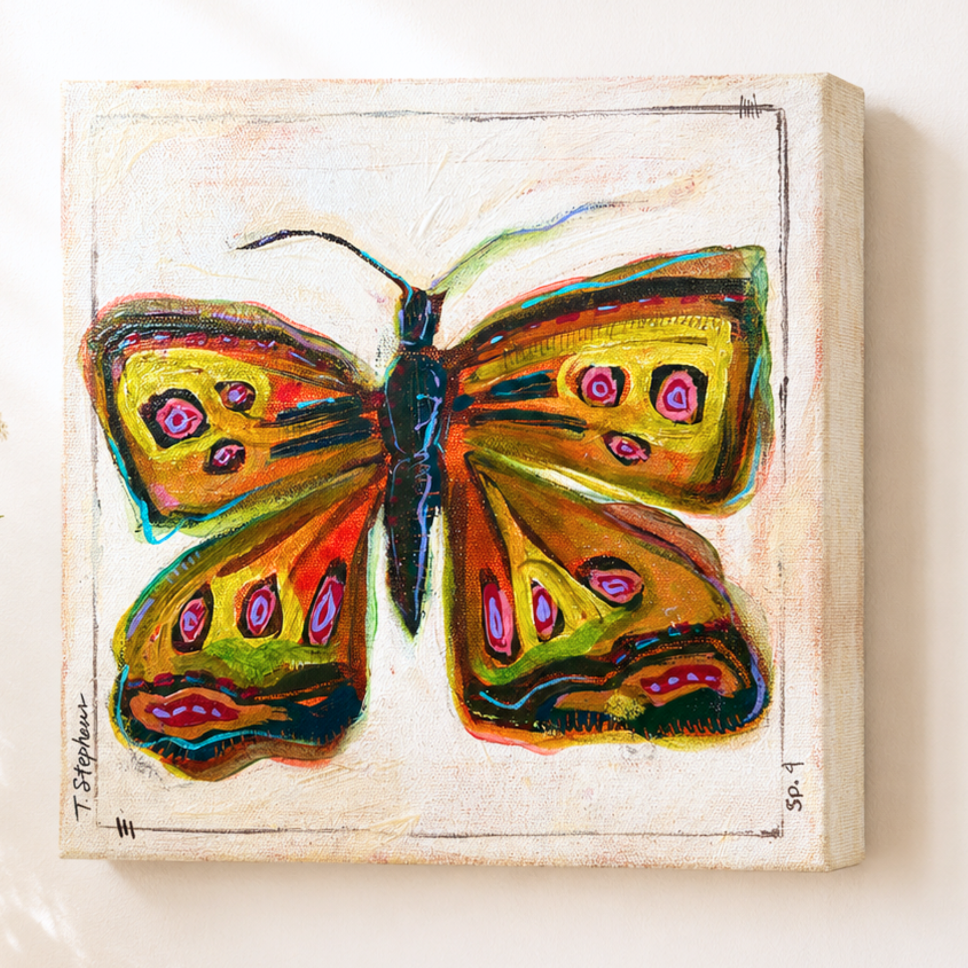 Born - Original butterfly painting on 10x10 gallery wrapped canvas, by Tennessee artist Teri Stephens, part of the Wild Meadow Butterflies Series