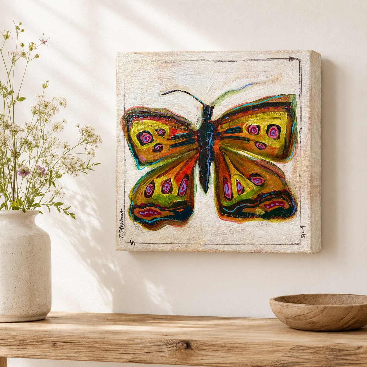 Born - an original butterfly painting featuring rich colors, painted by Tennessee artist Teri Stephens, styled in a cozy interior