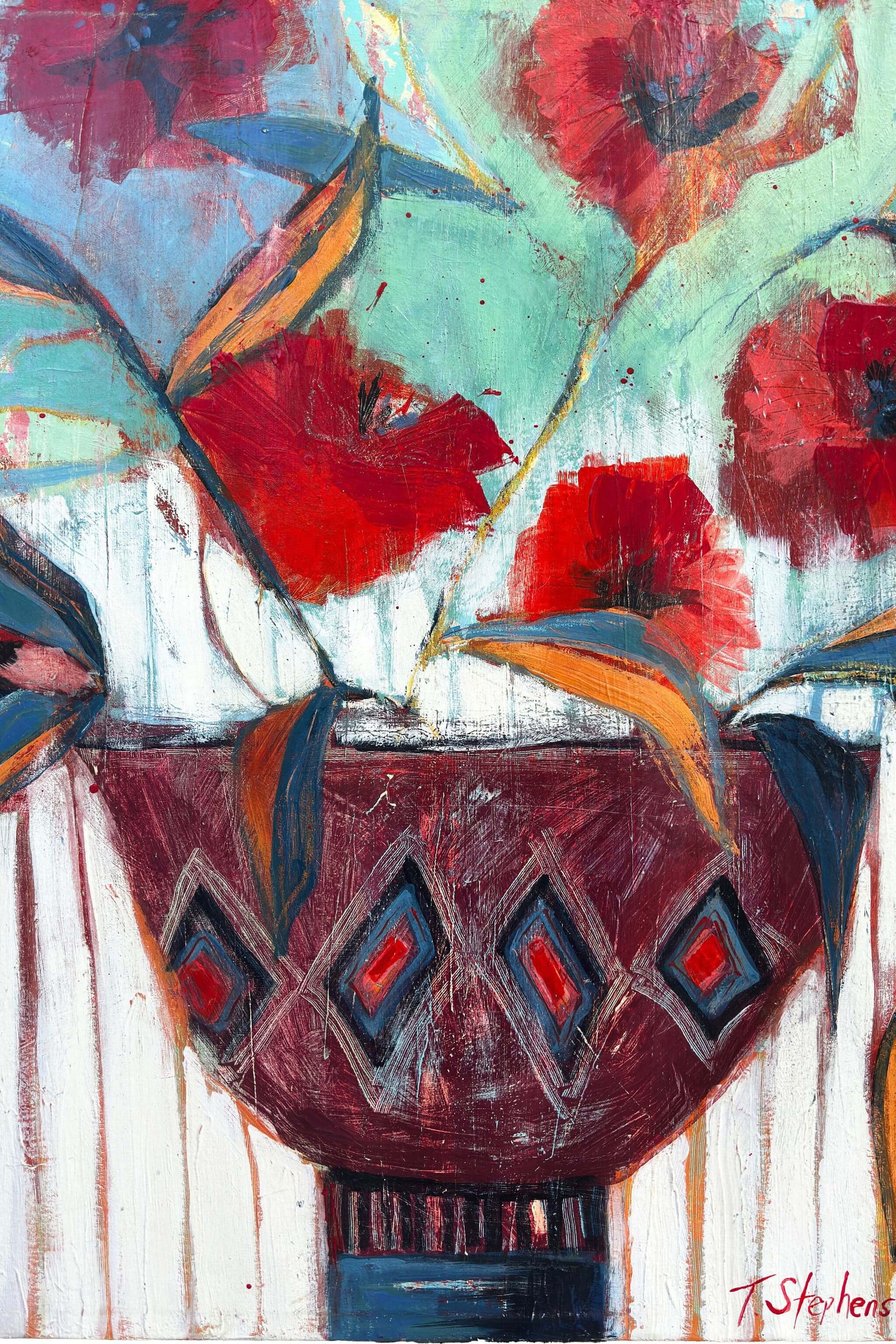 Original contemporary acrylic painting of a patterned terracotta bowl filled with expressive red flowers, featuring layered texture, abstract foliage, and a modern folk art style by Tennessee artist Teri Stephens.