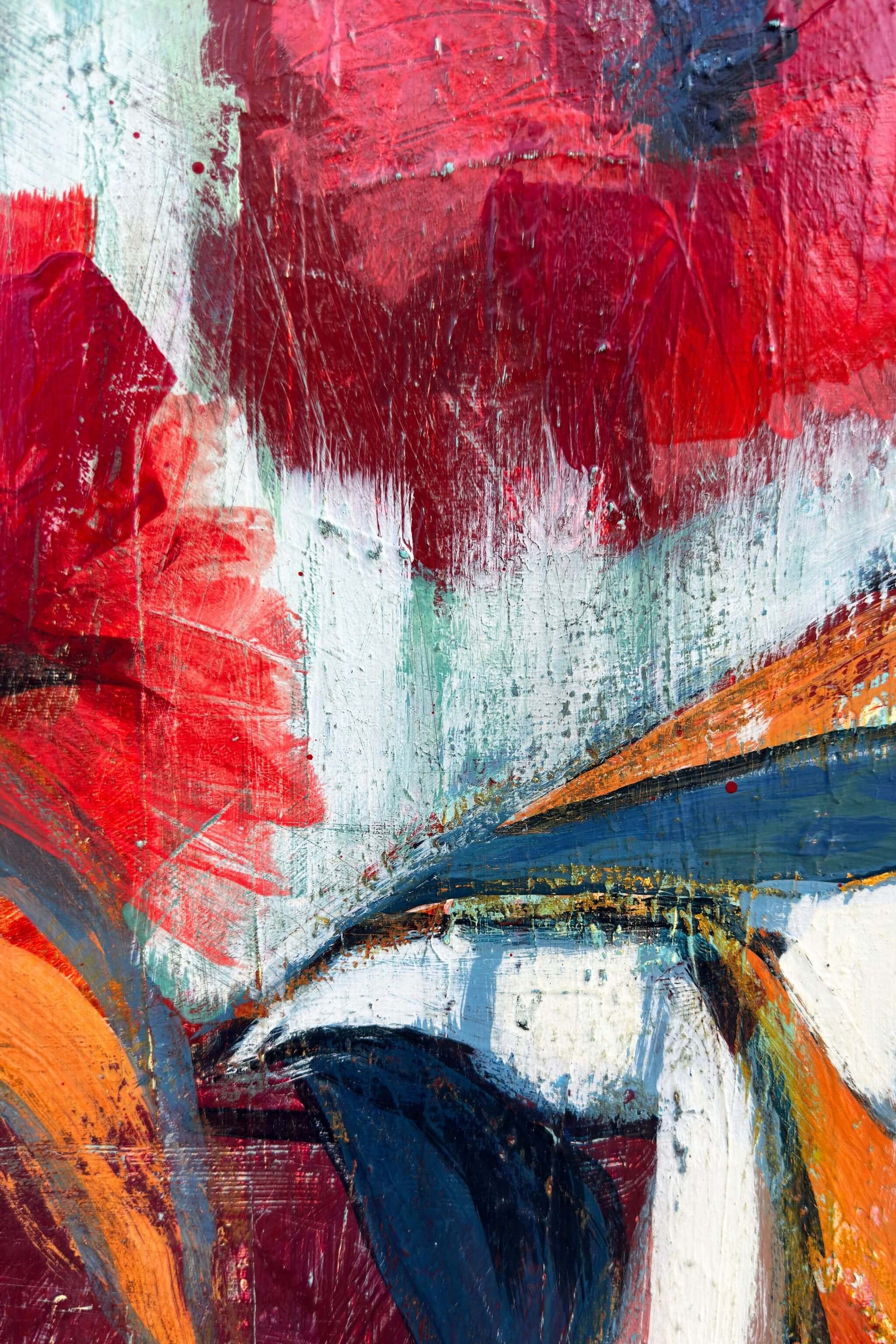 Close-up of expressive red flowers with layered acrylic paint, textured brushwork, visible sanding, and abstract botanical forms in a contemporary painting by Teri Stephens.
