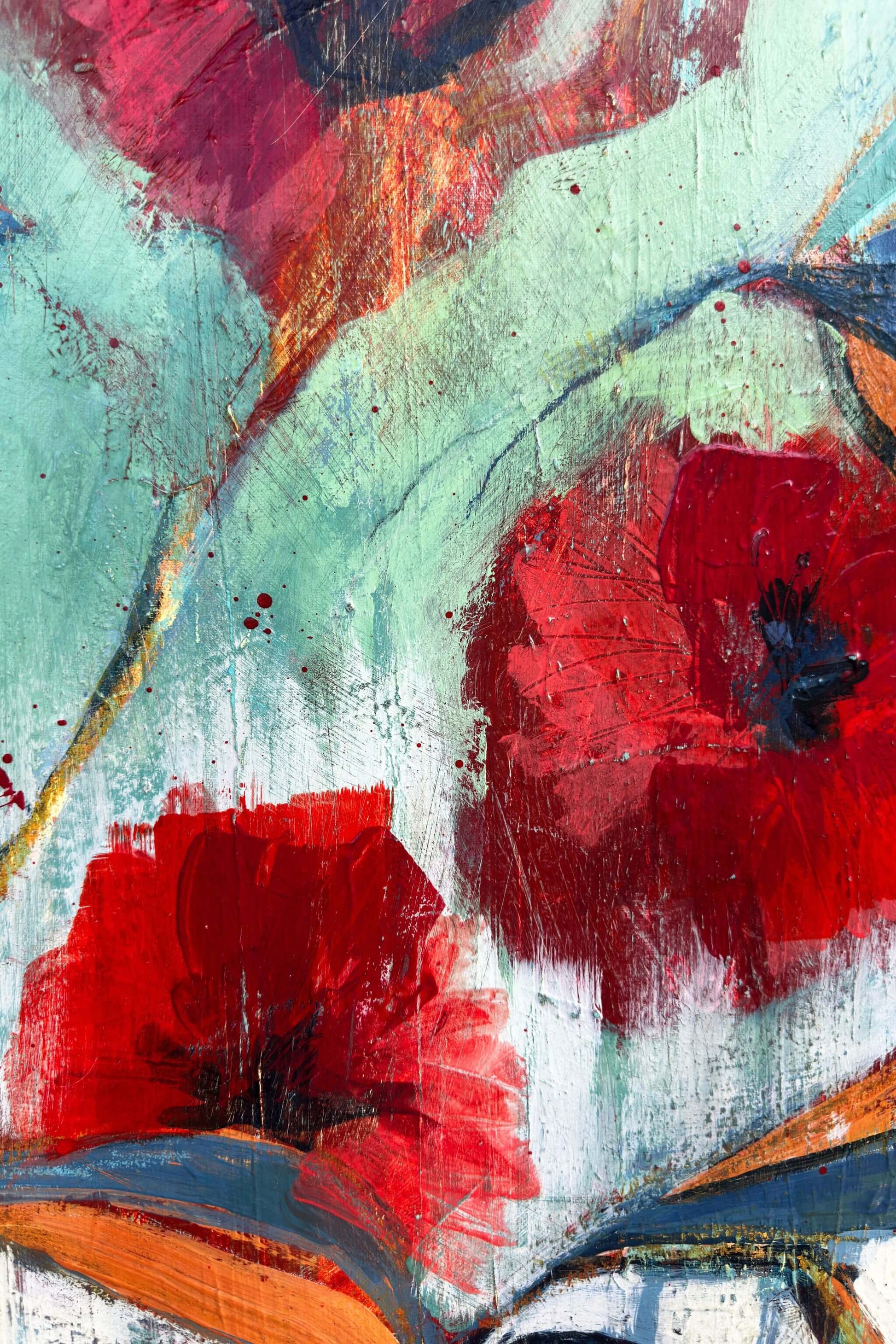 Detail of an original acrylic floral painting showing expressive red flowers, layered blue leaves, textured brushwork, and reclaimed canvas surfaces.