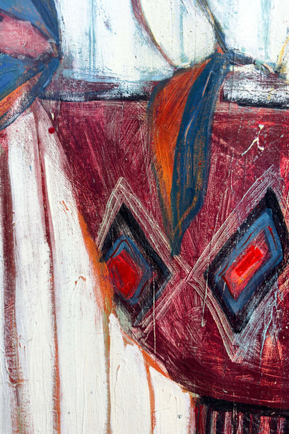 Close-up of a contemporary acrylic painting featuring a hand-painted patterned terracotta bowl with layered texture, scratched surfaces, and expressive geometric details.