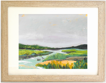Framed painting of a landscape with a river and greenery, Brook by artist Teri Stephens