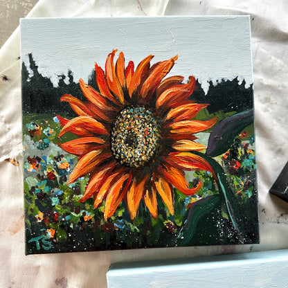 Painting of a sunflower on a textured surface, title Burst by artist Teri Stephens